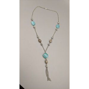 Women's Silver Tone Necklace Blue & Taupe Beads Tassel 22"